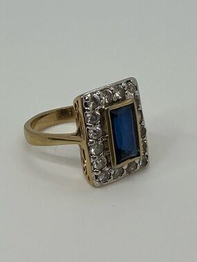 Vtg 925 Sterling Silver Gold Tone Blue & White CZ Halo Filigree Statement Ring